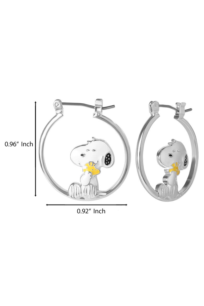 Snoopy Hugging Woodstock Enamel Hoop Earrings, Alternate, color, Silver