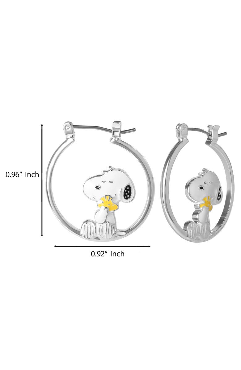 PEANUTS Snoopy Hugging Woodstock Enamel Hoop Earrings, Alternate, color, Silver