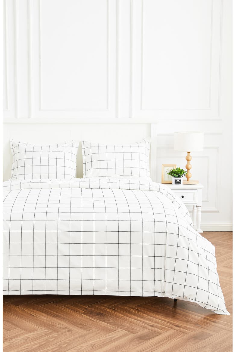 Percale Cotton Grid Duvet Set, Alternate, color, BLACK