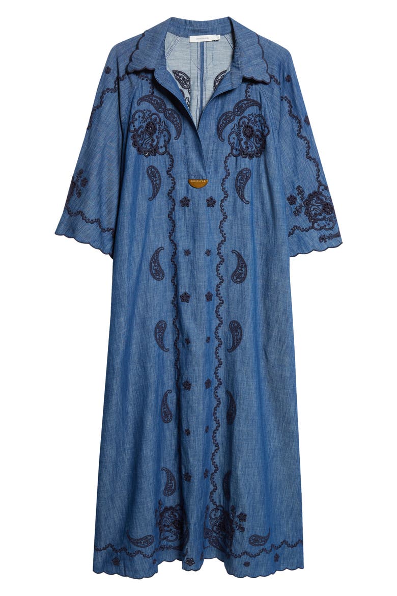 Aster Paisley Embroidered Denim Midi Dress, Alternate, color, RAILWAY BLUE