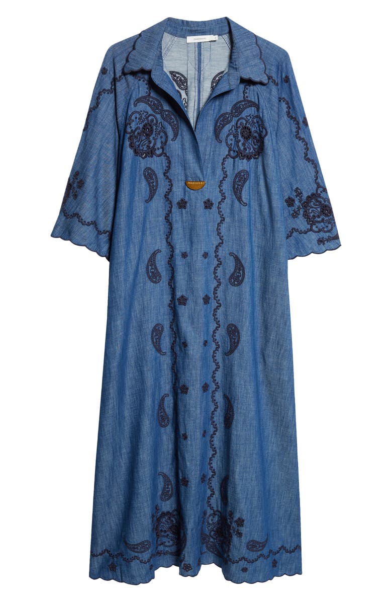 Zimmermann Aster Paisley Embroidered Denim Midi Dress, Main, color, Railway Blue