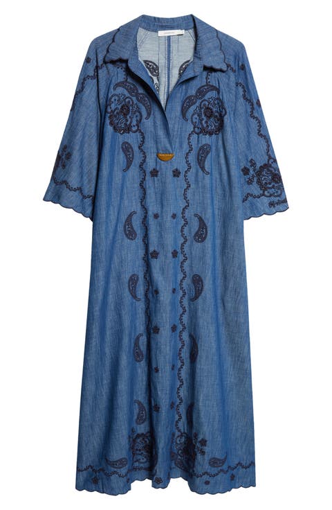 Aster Paisley Embroidered Denim Midi Dress (Regular & Petite)