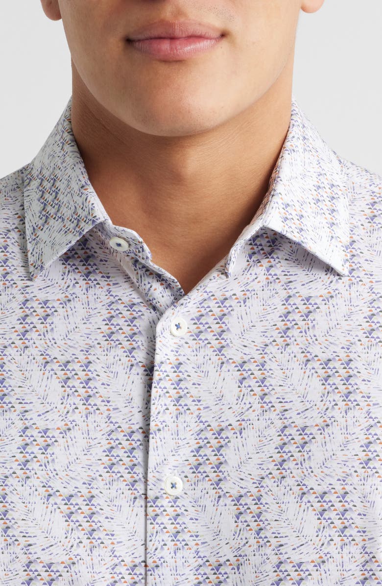 Bugatchi Miles OoohCotton<sup>®</sup> Leaf Print Short Sleeve Button-Up Shirt, Alternate, color, Peacock