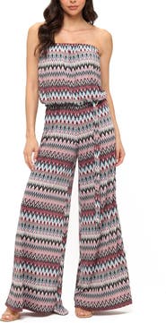 O.L. Chevron Print Strapless Wide Leg Jumpsuit