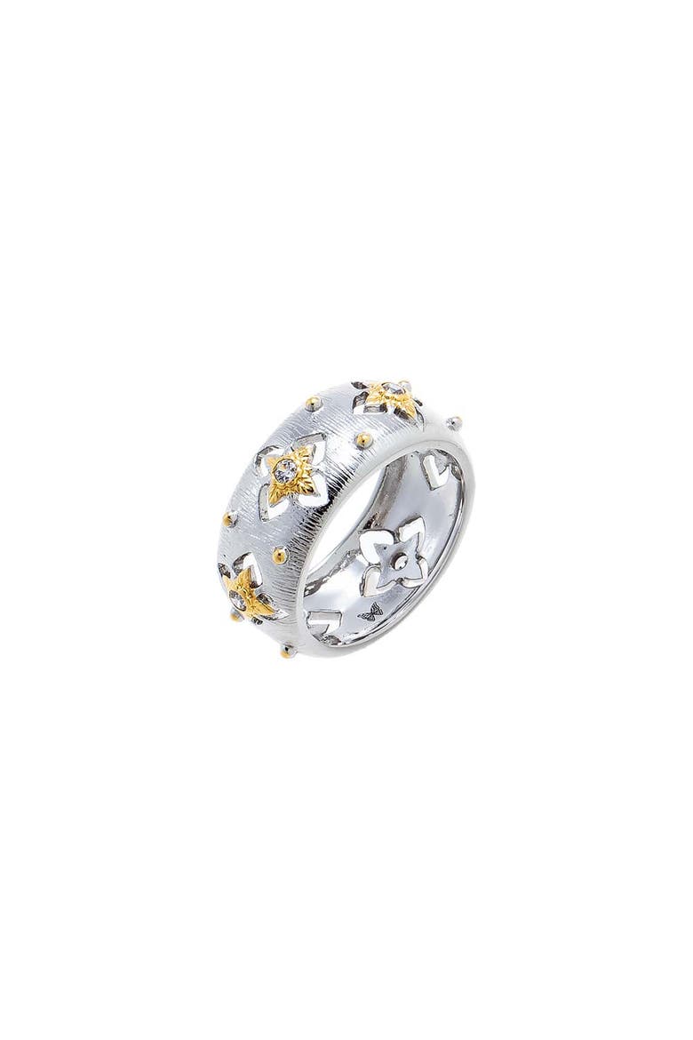 Two Tone Clover CZ Wide Textured Band Ring, Main, color, Two-Tone