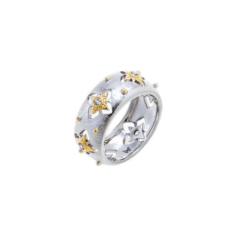 Two Tone Clover CZ Wide Textured Band Ring