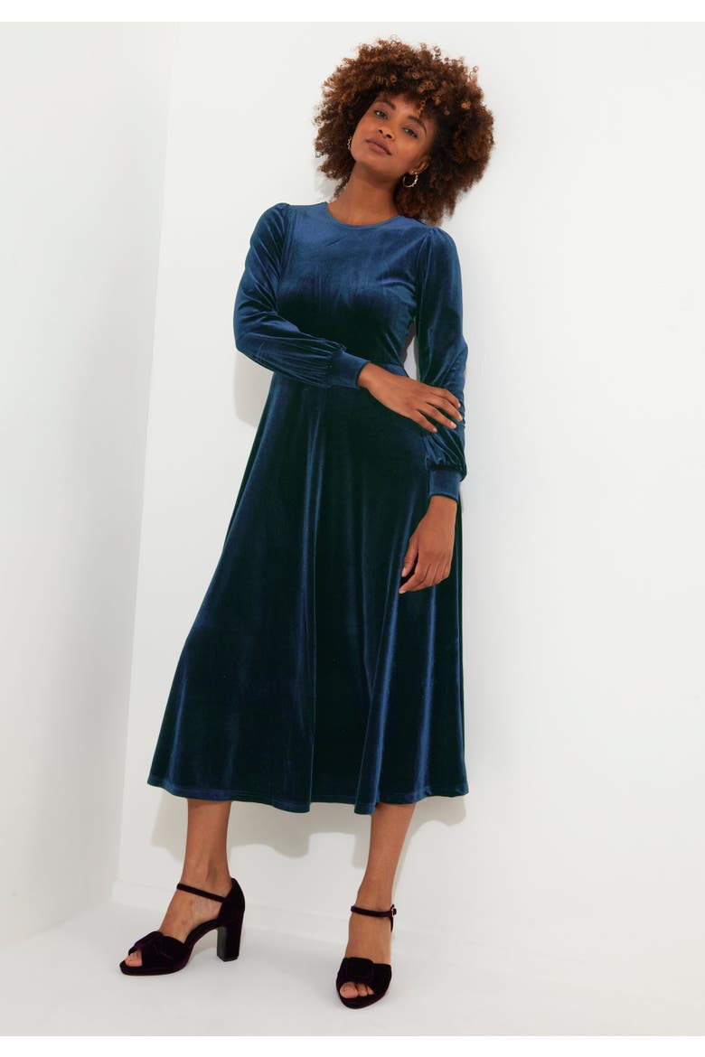 Crew Neck Velvet Midi Dress, Alternate, color, OCEAN TEAL
