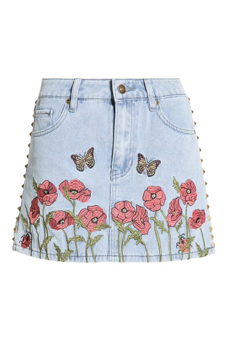 Charli Floral Embroidered Denim Miniskirt, Main, color, LIGHT WASH