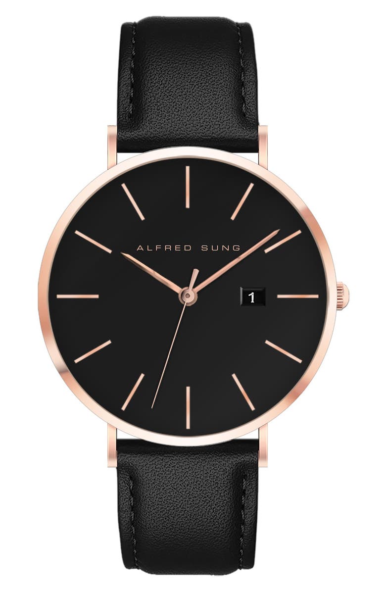 Alfred Sung Metropolitan Leather Strap Watch, 42mm, Main, color, Black Strap/Black Dial