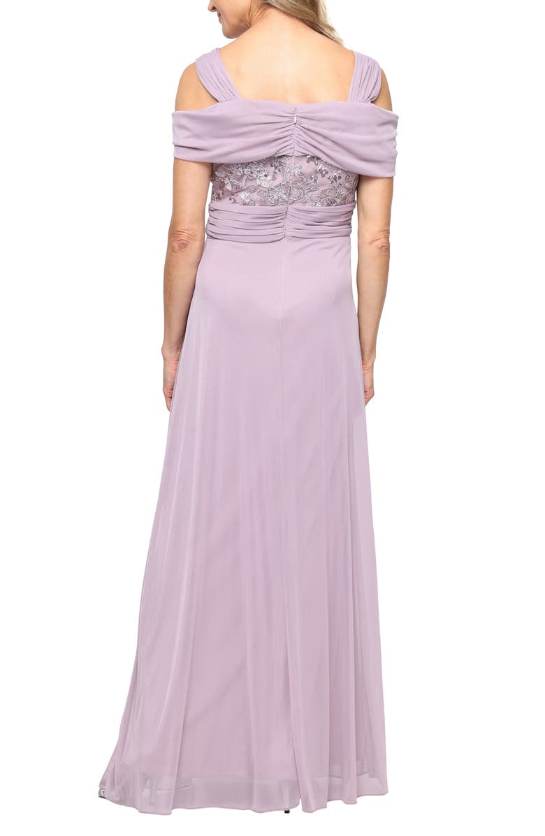 Alex Evenings Embroidered Bodice Cold Shoulder Short Sleeve Gown, Alternate, color, Wisteria