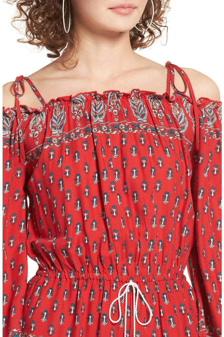 Print Pompom Cold Shoulder Romper, Alternate, color, RED/ WHITE