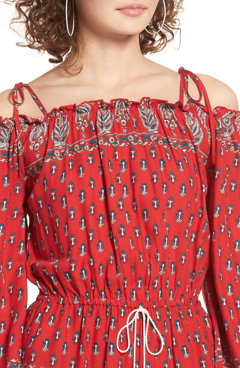 Band of Gypsies Print Pompom Cold Shoulder Romper, Alternate, color, 