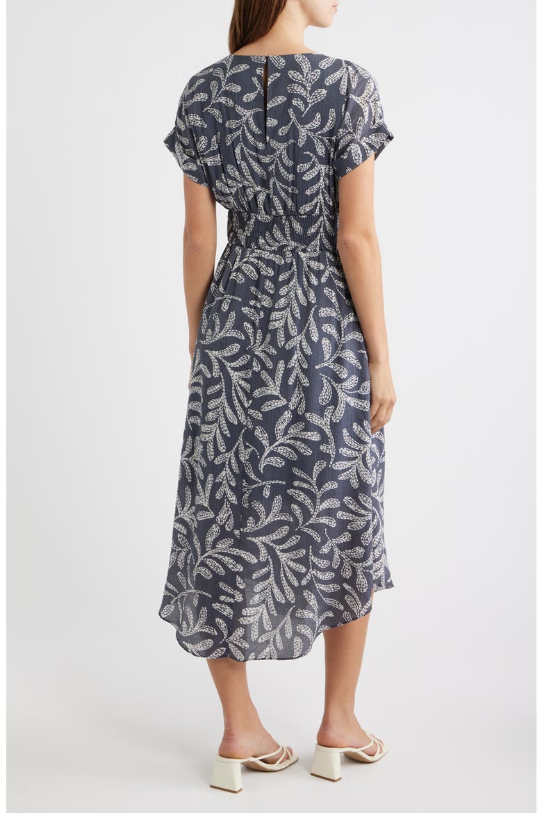 Leaf Print Smock Waist Midi Dress, Alternate, color, GREY/ IVORY