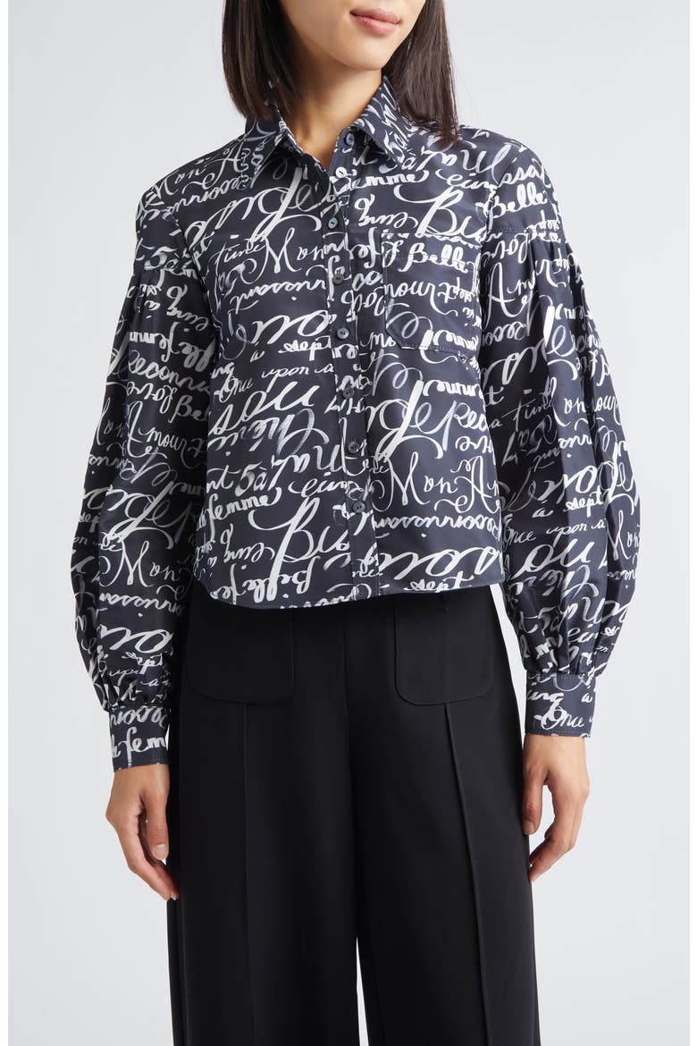 Marceline Love Journal Print Long Sleeve Button-Up Shirt, Main, color, BLACK/ WHITE