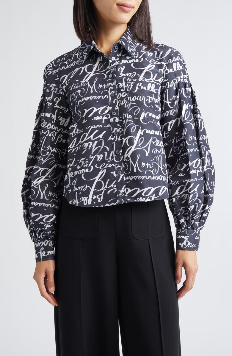 Cinq à Sept Marceline Love Journal Print Long Sleeve Button-Up Shirt, Main, color, Black/ White