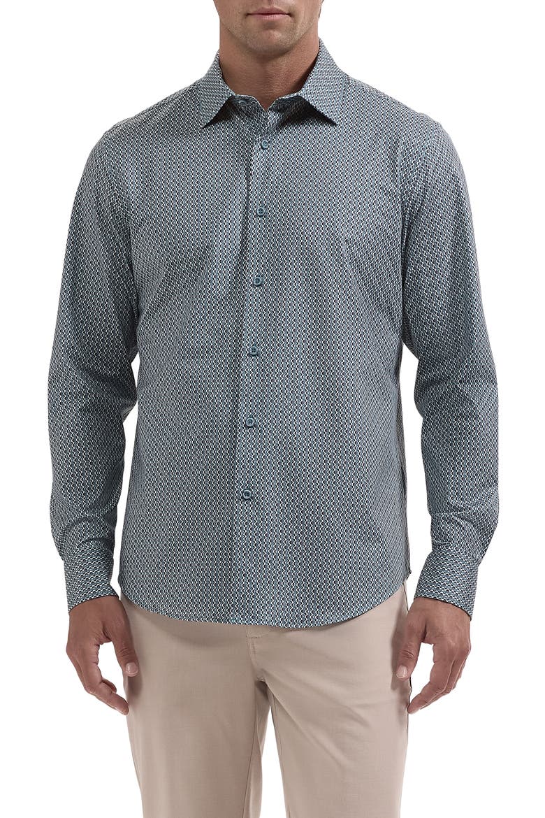 James OoohCotton® Geo Print Button-Up Shirt, Main, color, PEACOCK
