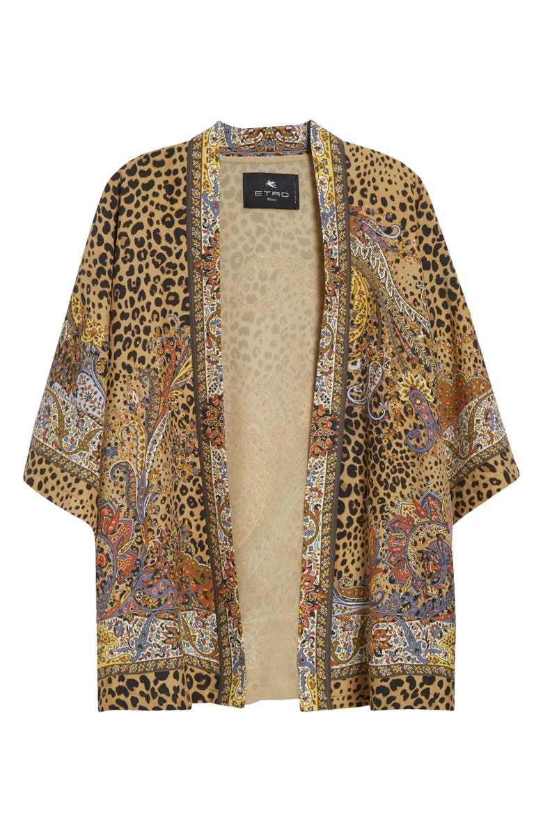 Etro Leopard Paisley Print Open Front Silk Jacket, Main, color, Printed Brown Base