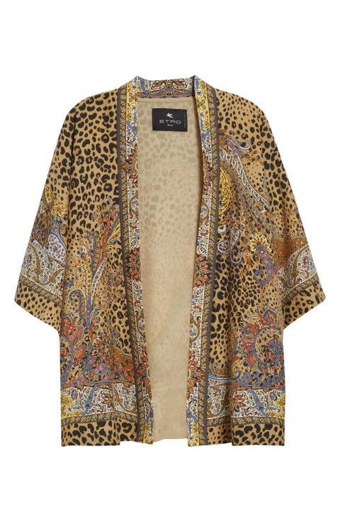 Leopard Paisley Print Open Front Silk Jacket