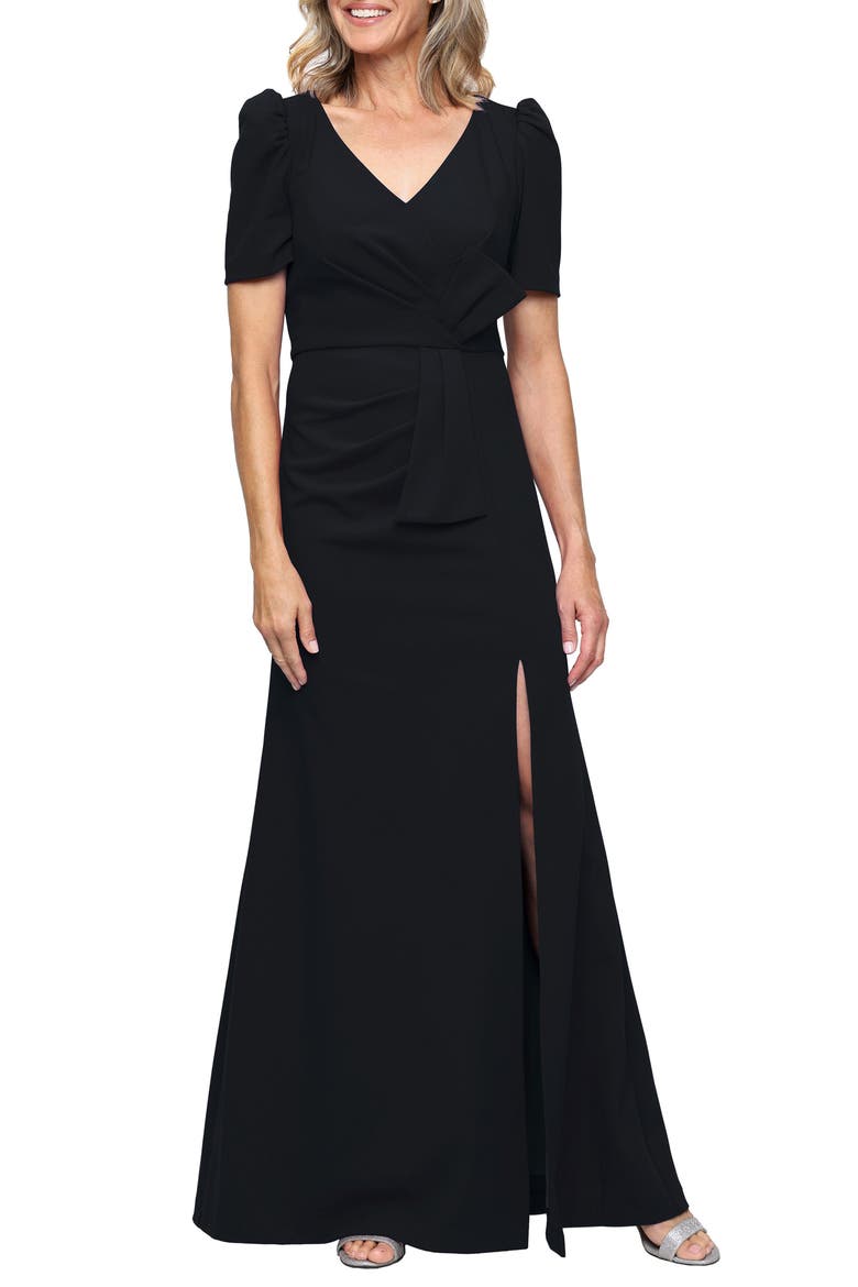 Puff Sleeve Stretch Crepe Gown, Main, color, BLACK