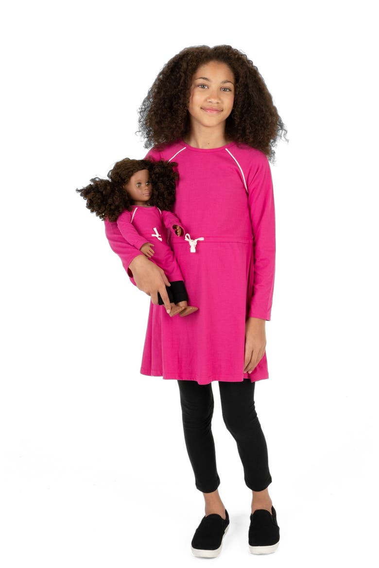 Girls Bow Tie Dress with Matching Doll Dress, Alternate, color, PINK