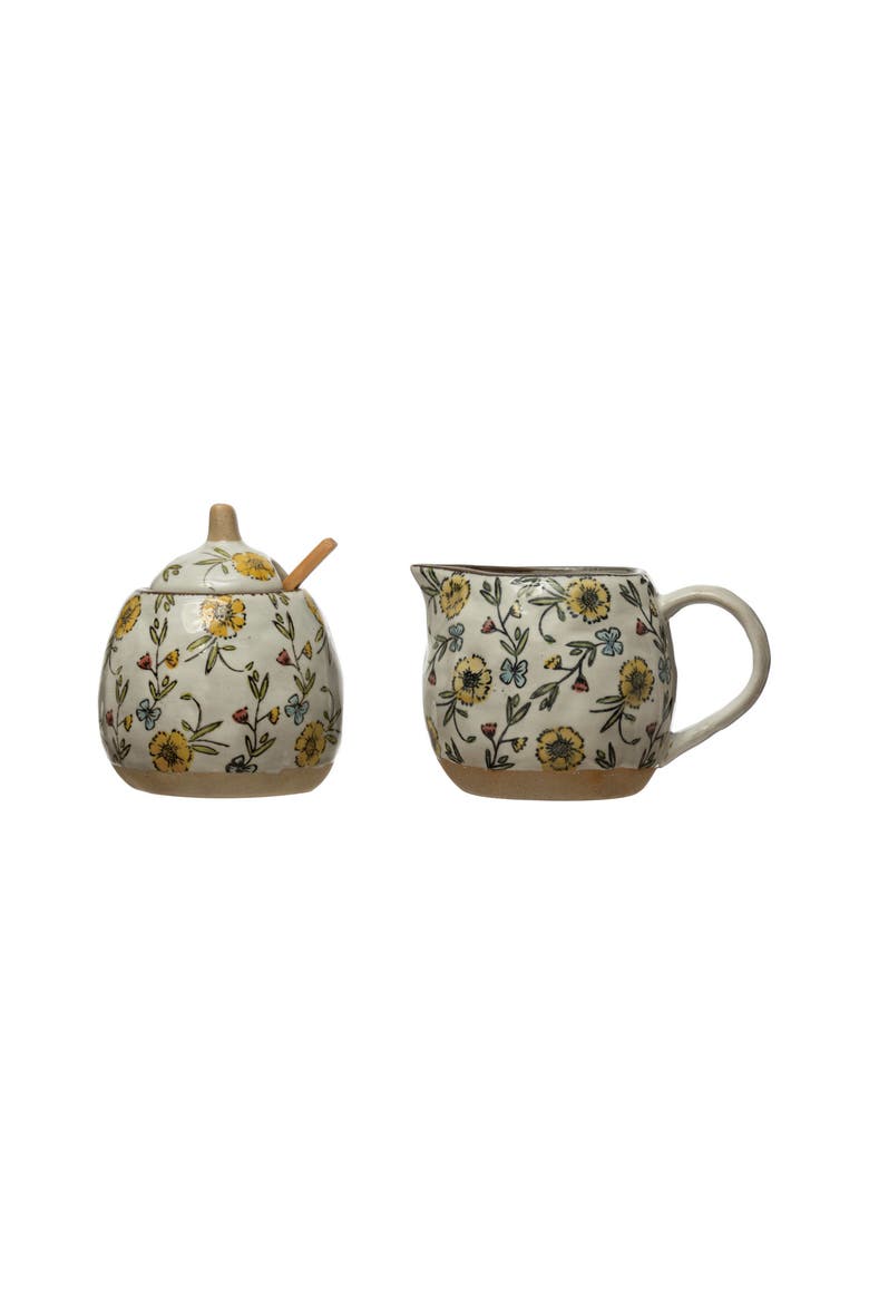 Hand-Painted Stoneware Sugar Pot and Stoneware Creamer with Lid and wood Spoon, Multicolor, Main, color, Blue