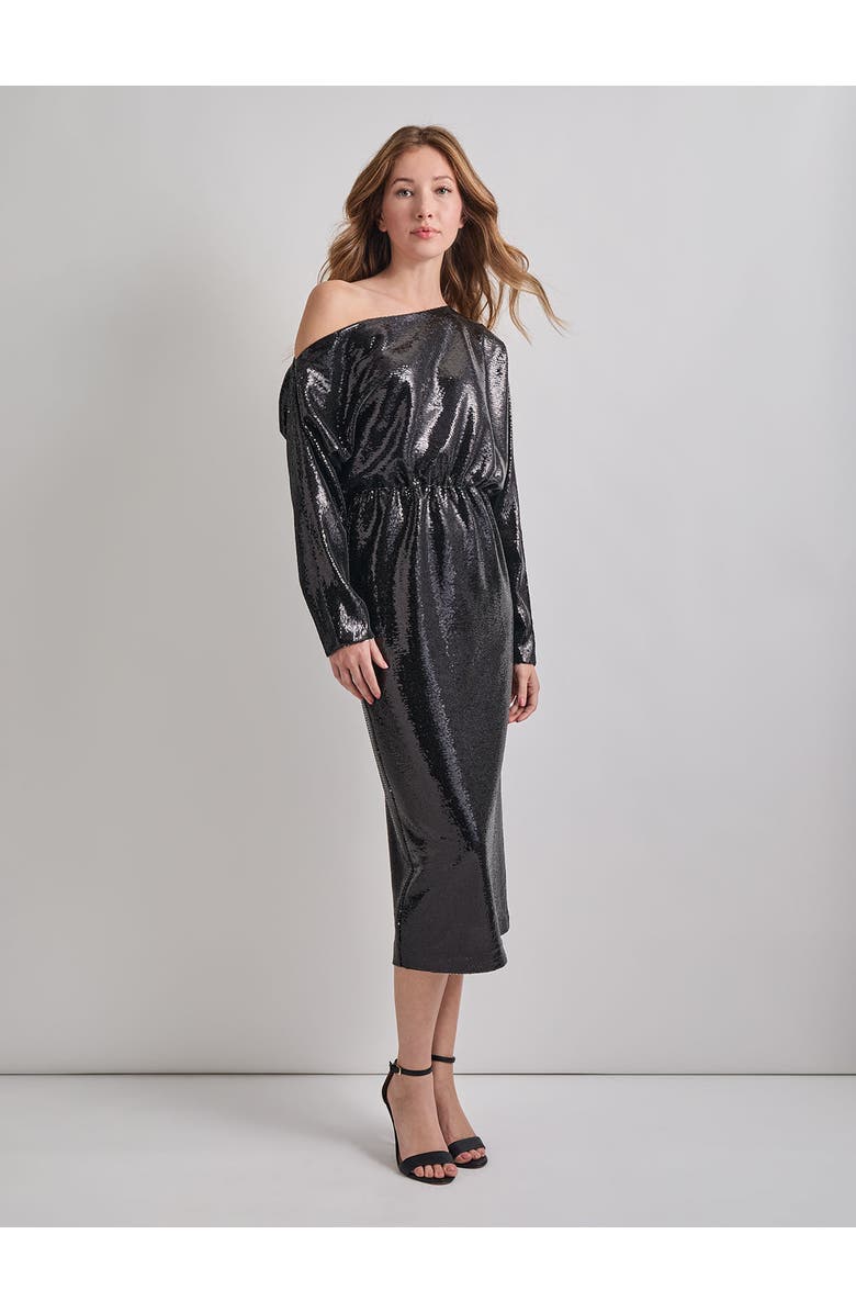 Misook Modern Fit Sequin Novelty Woven Blouson Midi Dress, Main, color, Black