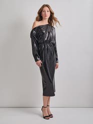 Misook Modern Fit Sequin Novelty Woven Blouson Midi Dress