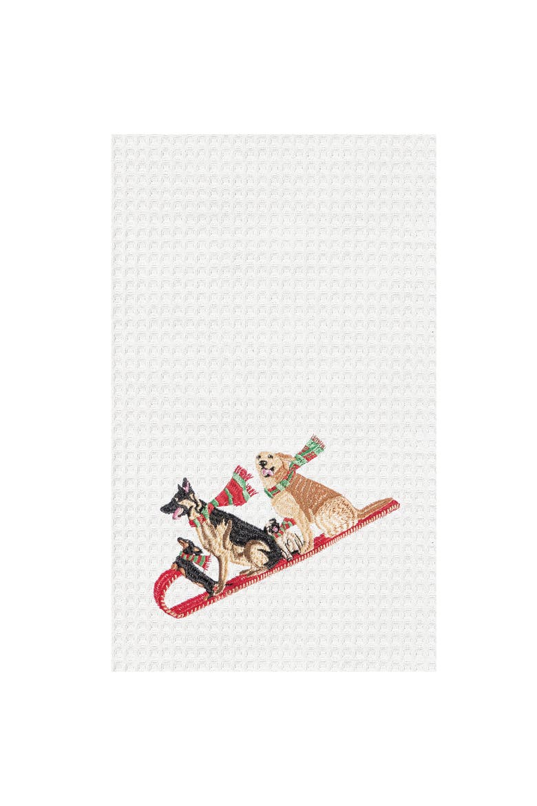 Dogs Tobogganing Embroidered Waffle Weave Kitchen Towel, Alternate, color, White
