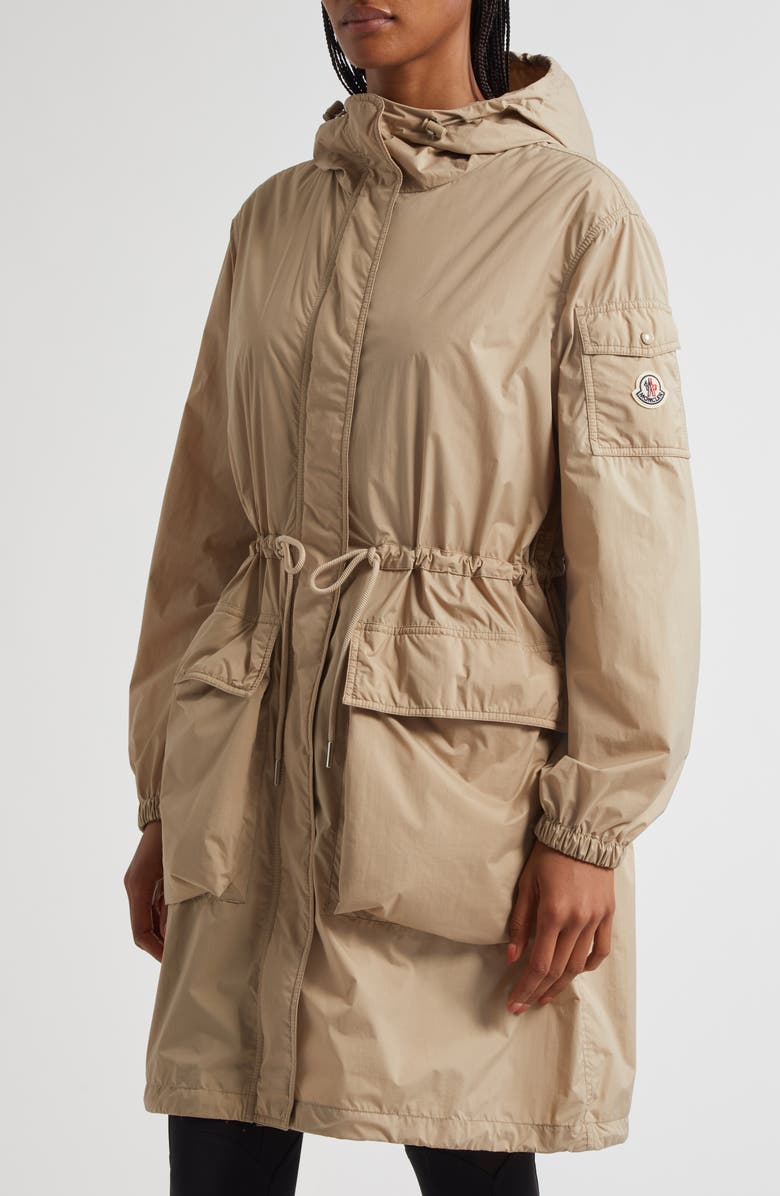 Moncler Nouilles Hooded Longline Coat, Alternate, color, Beige