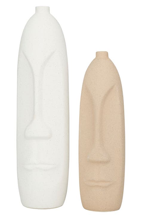 Beige Ceramic Easter Island Head Vase - Set of 2