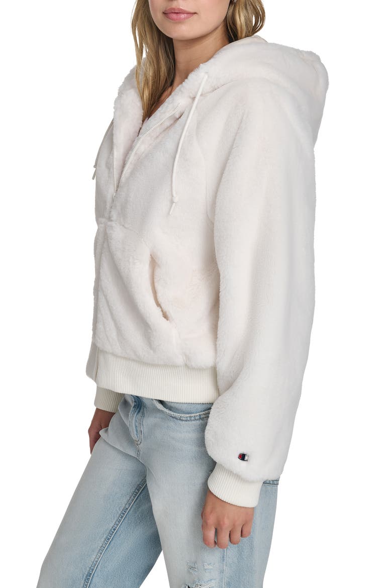 Faux Fur Bomber Hoodie, Alternate, color, CREAM