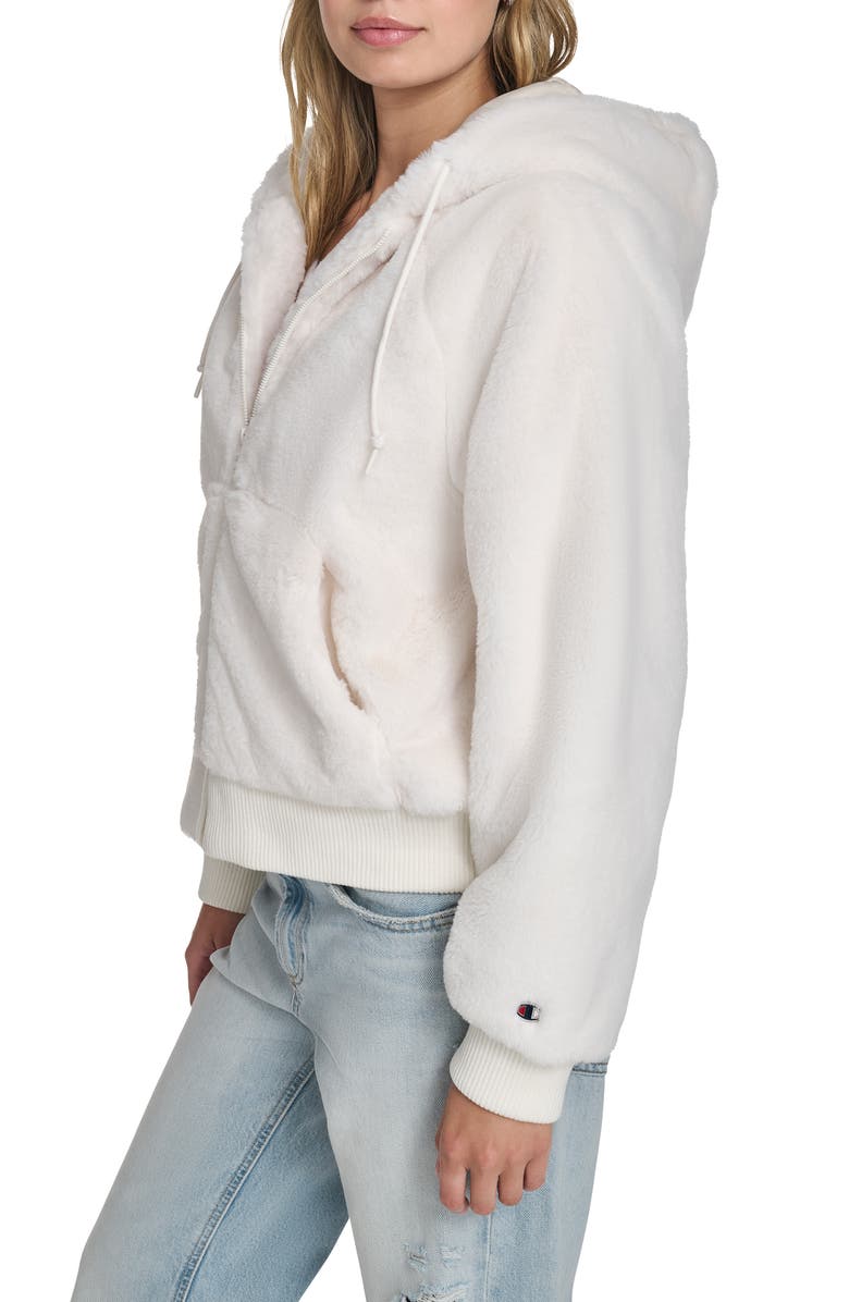 Champion Faux Fur Bomber Hoodie, Alternate, color, Cream
