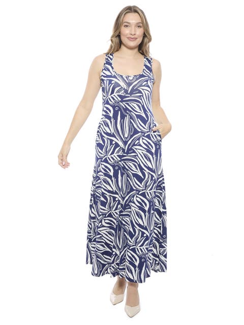 Womens Abstract Sleeveless Scoop Neck A-Line Pocket Maxi Dress