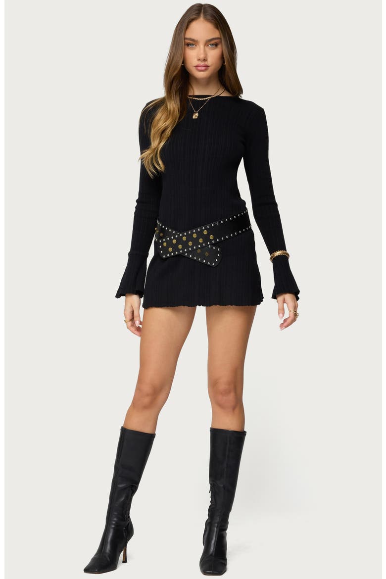 Isabel Backless Long Sleeve Rib Minidress, Alternate, color, BLACK