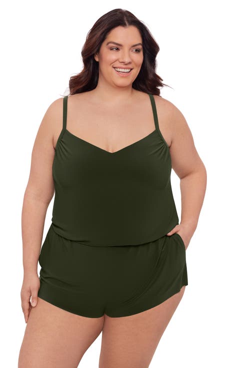 Plus Size V-Neck Blouson Slimming Swimsuit Romper with Pockets