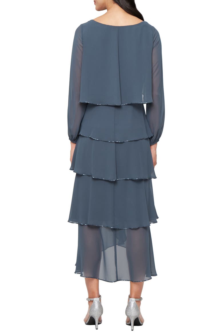 Beaded Long Sleeve Tiered Cocktail Dress, Alternate, color, SLATE