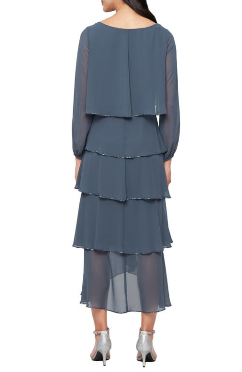 Sl Fashions Beaded Long Sleeve Tiered Cocktail Dress In Blue