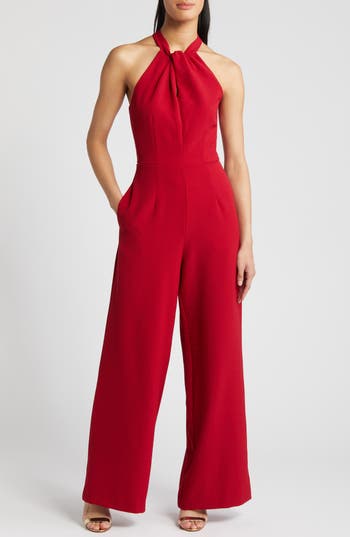 Julia Jordan Halter Neck Wide Leg Jumpsuit In Burgundy