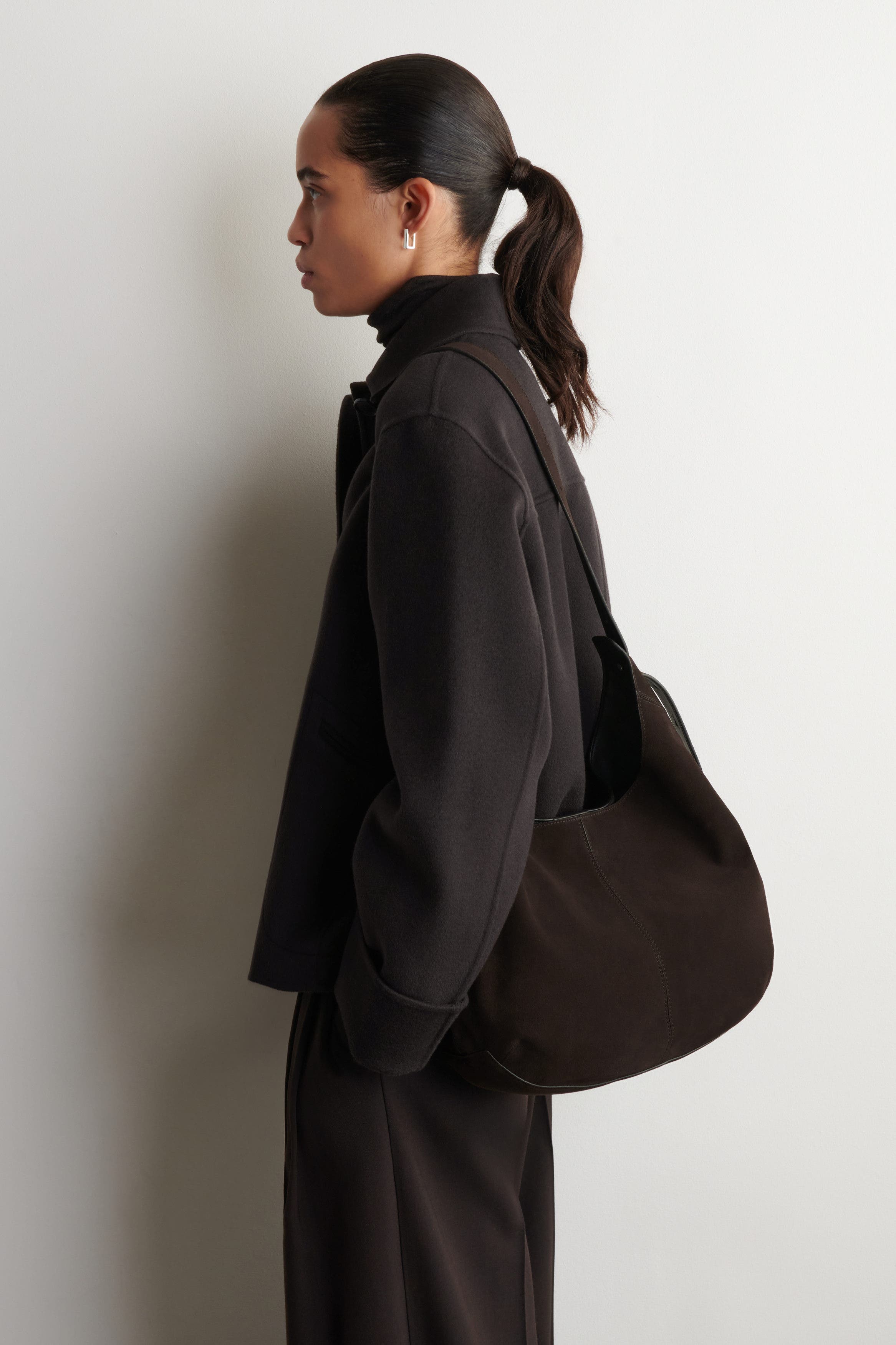 COS Knoll Shoulder Bag - Suede, Main, color, Ebony