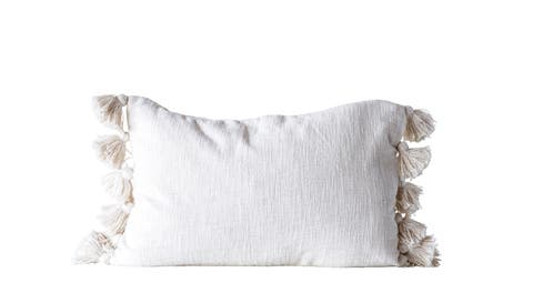 Woven Cotton Slub Lumbar Pillow with Tassels, Cream