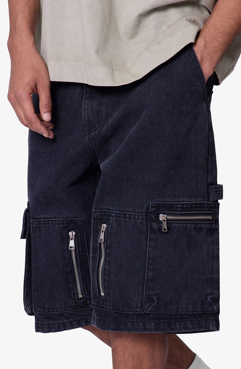 mnml Baggy Zipper Denim Cargo Shorts, Alternate, color, Black