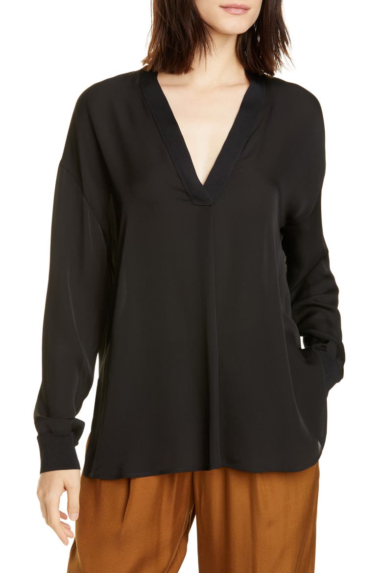 Rib Trim Silk Blouse, Main, color, BLACK