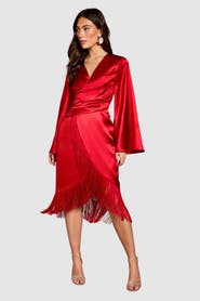 Coast Satin Fringed V-Neck Wrap Dress