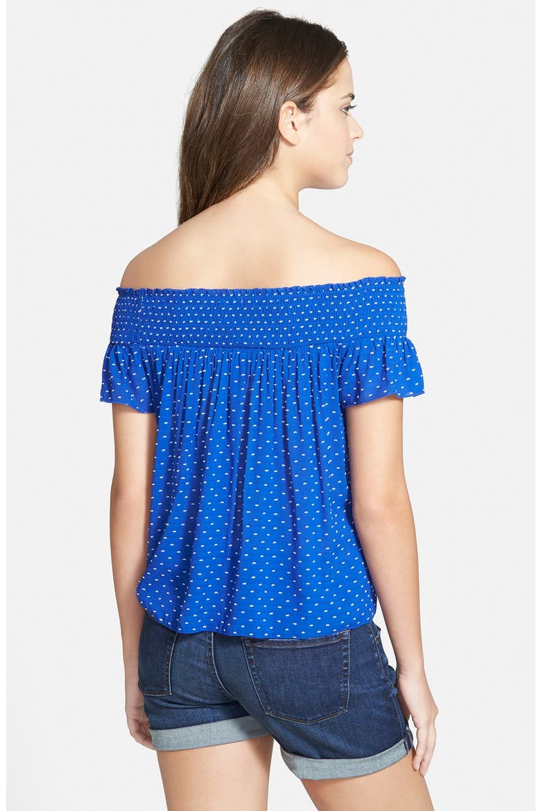 Smocked Print Off-the-Shoulder Top, Alternate, color, BLUE MAZARINE DOT