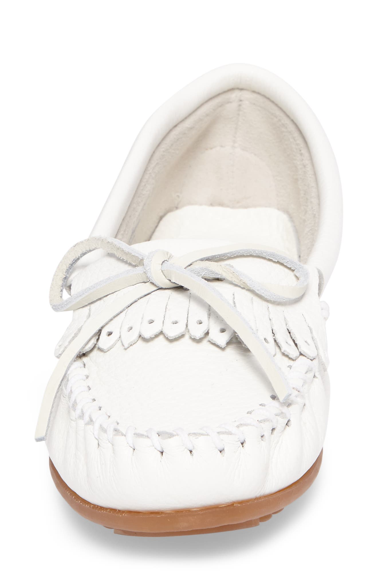 Minnetonka Kilty Driving Shoe, Alternate, color, White Leather