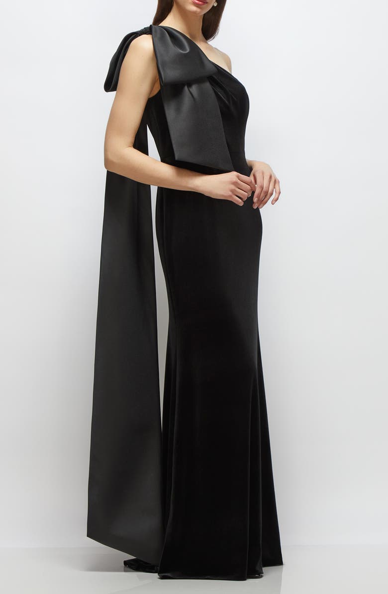 After Six Satin Bow One-Shoulder Velvet Mermaid Gown, Alternate, color, Black