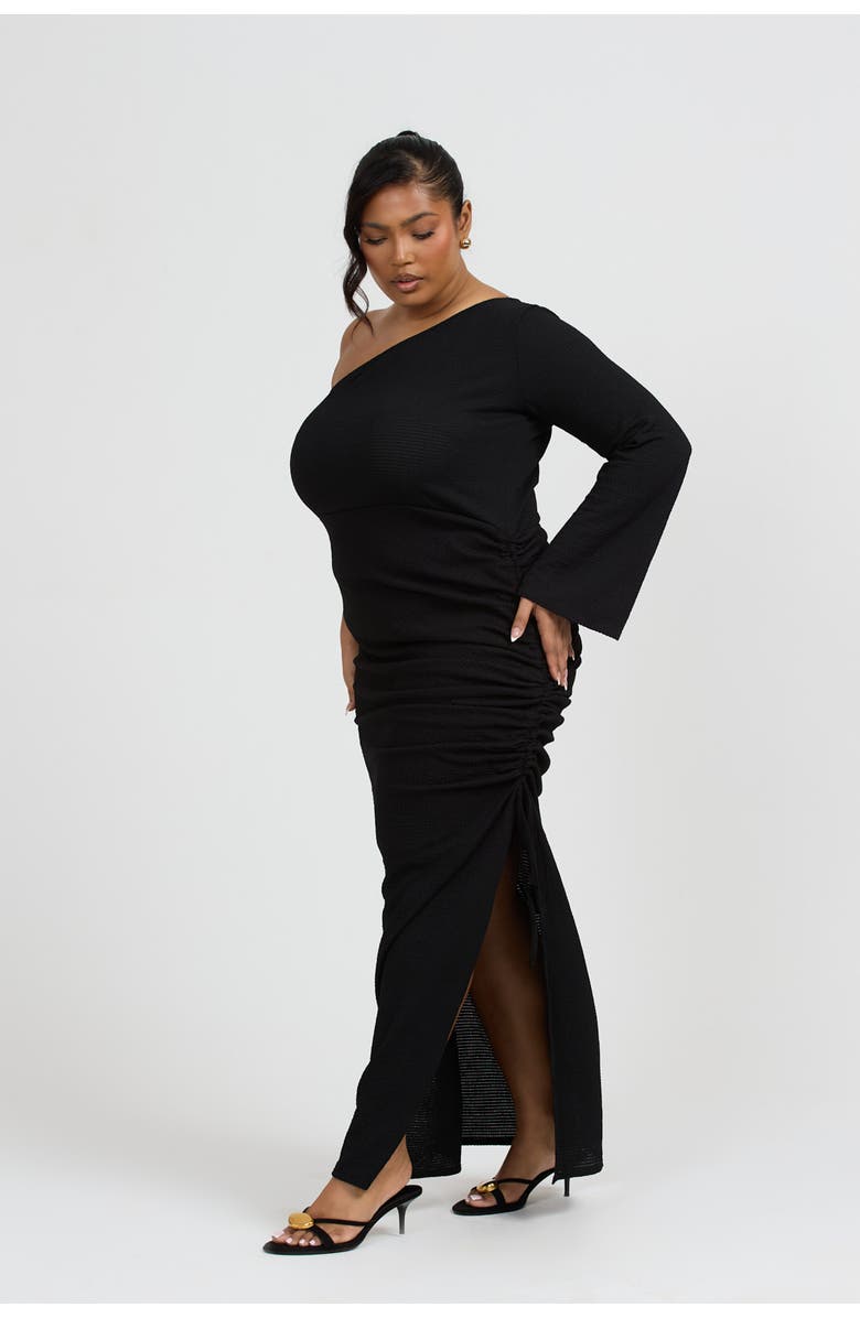 FASHION-SZN CURVE One Shoulder Flare Sleeve Maxi Dress, Alternate, color, Black