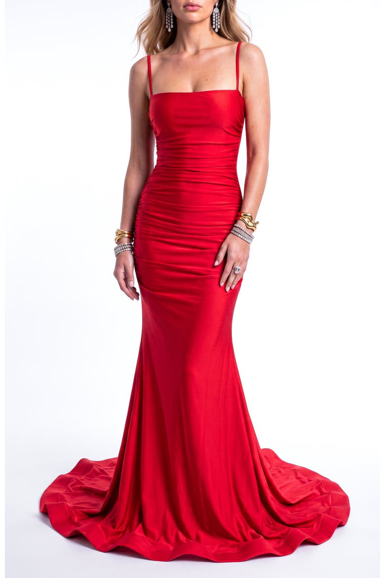 Ruched Lace-Up Back Mermaid Evening Gown, Alternate, color, Red