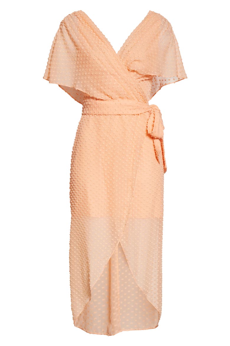 Clip Dot Faux Wrap Silk & Cotton Blend Dress, Alternate, color, LIGHT PEACH