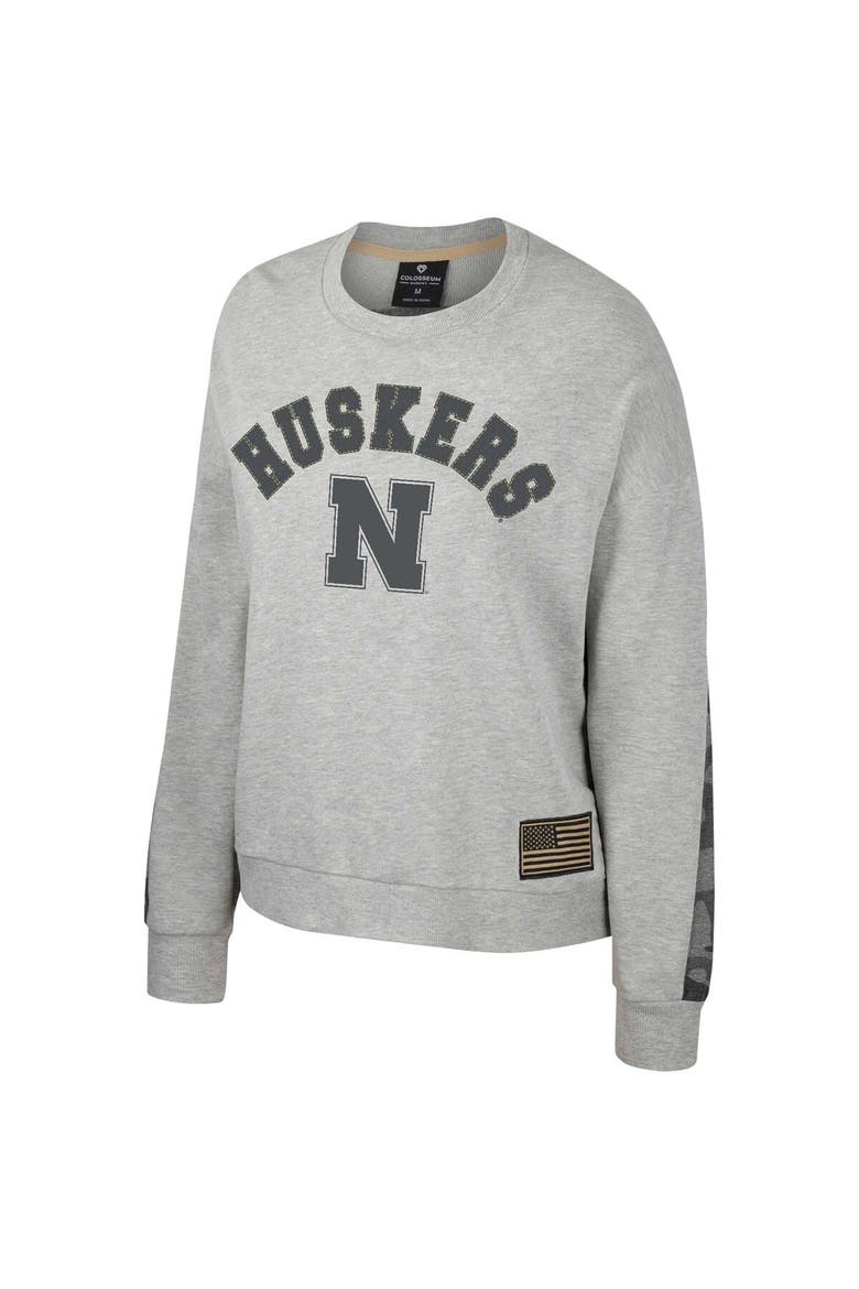 Women's Colosseum Heather Gray Nebraska Huskers OHT Military Appreciation Flag Rank Dolman Pullover Sweatshirt, Alternate, color, Heather Gray